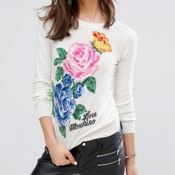Love Moschino Floral Knit Cashmere Wool Sweater 6 - Picture 1 of 11
